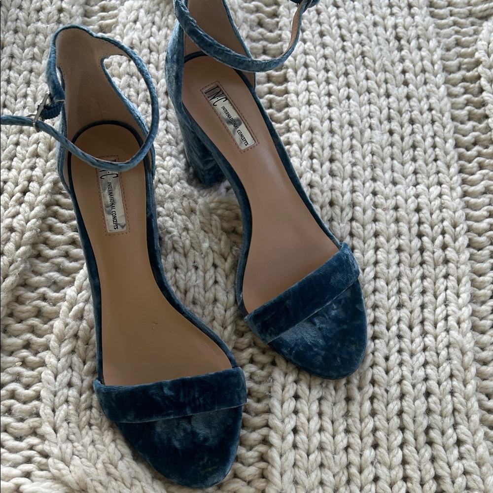 blue velvet block heel ankle strap heels